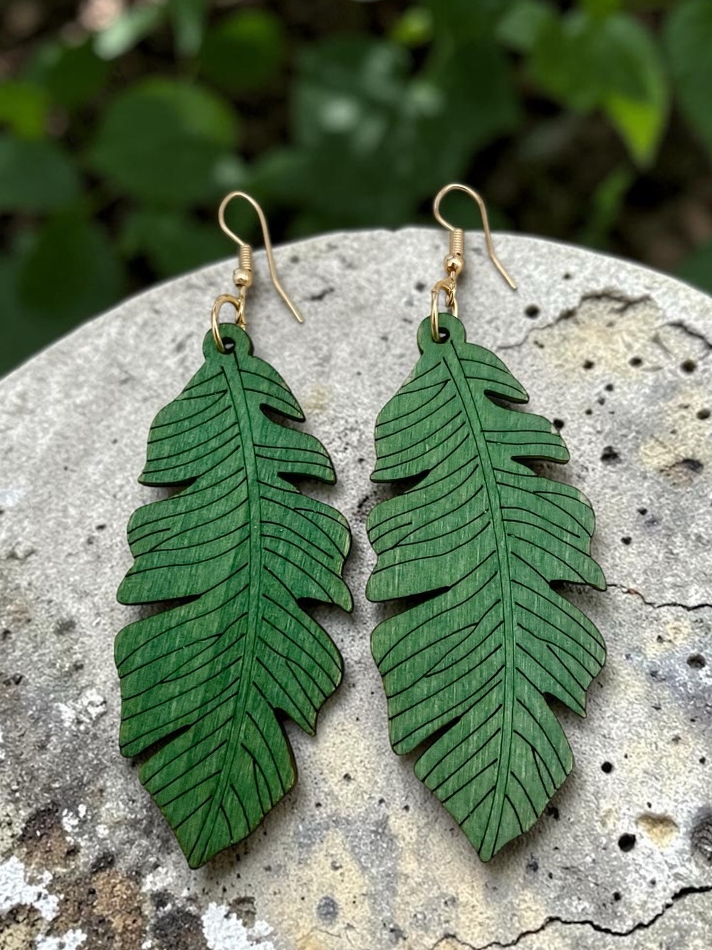 Green Leaf Wooden Earrings